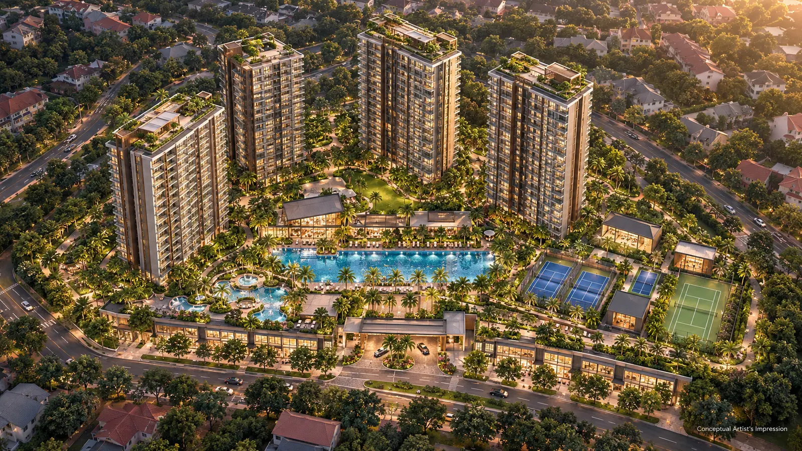 Conceptual aerial render of the towers around a central pool, tennis courts and gardens at sunset